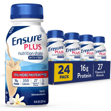 Ensure Plus Nutrition Shake With 16 Grams Of Protein & Plus Liquid Nutrition Shake With Fiber 16 Grams Of Protein Vanilla 8 Fl Oz Bottle (Pack Of 24)