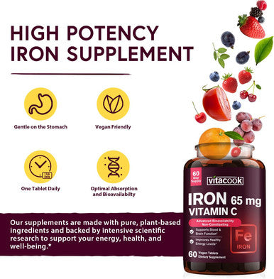 Vitacook Iron Supplement For Women And Men, High Potency Iron With Vitamin C, Blood, Energy, Muscle & Immune System Support, Vegan, 60 Count