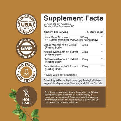 Natures Craft Advanced Lion's Mane Mushroom Supplement - Lions Mane Supplement Capsules with 5X Fruiting Body Mushroom Complex with Chaga Maitake Shiitake and Reishi - Brain Booster Nootropic Supplement (60 Caps)