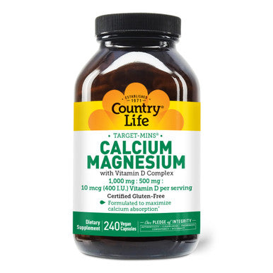 Country Life Target-Mins Calcium Magnesium With Vitamin D-Complex 1000Mg/500Mg/10Mcg 240 Vegan Capsules Certified Gluten Free Certified Vegan Verified Non-Gmo Verified