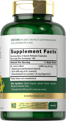 Carlyle St John's Wort Capsules | 4800mg | 300 Count | Non-GMO & Gluten Supplement | Standardized Extract