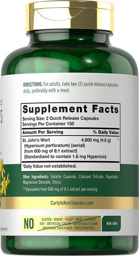 Carlyle St John's Wort Capsules | 4800mg | 300 Count | Non-GMO & Gluten Free Supplement | Standardized Extract