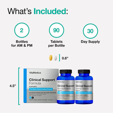 Vitamedica Clinical Support Formula Promotes Collagen & Wound Healing Vitamin C, D, & A To Support Healthy Immune Function Zinc + Selenium Vitamin B Multivitamin For Women & Men