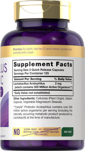 Carlyle Acidophilus Probiotic | 500 Million Cfu | 250 Capsules Non-Gmo & Gluten Free | Probiotic For Men & For Women