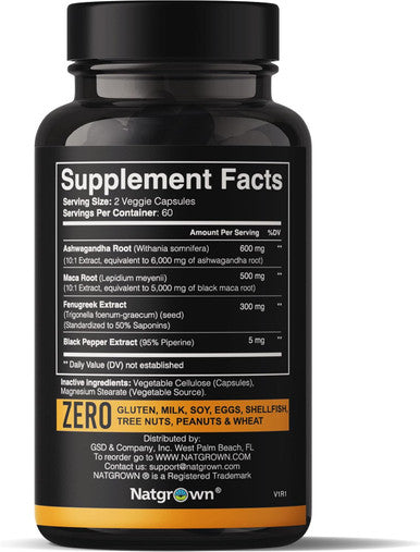 Natgrown Ashwagandha Maca Root Fenugreek Extract Capsules Supplement For Men & Women - Vegan Pills - (120 Count)
