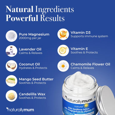 Naturallymum NaturallyMum Kids Magnesium Bedtime Lotion with Vitamin D | Support for Sleep Heart Bone Nerve Gut and Muscle Health | Alternative to Melatonin | Lavender & Chamomile 4.2 fl oz
