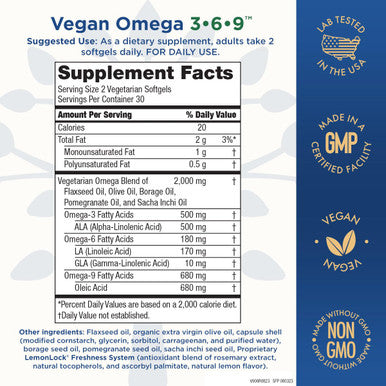 Omega 369 Vegan and Vegetarian Omega Formula 5 in 1 Essential Fatty Acid Complex Scientifically Formulated PlantBased Omega 3 6 9 Essential Fatty Acids EFA from Purity Products 60