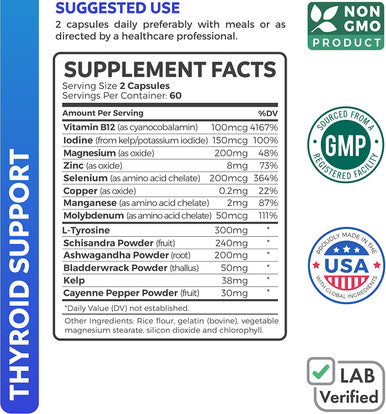 Thyroid Support with Iodine 120 Capsules NonGMO Improve Your Energy Increase Metabolism Ashwagandha Root Zinc Selenium Vitamin B12 Complex Thyroid Health Supplement 60 Day Supply