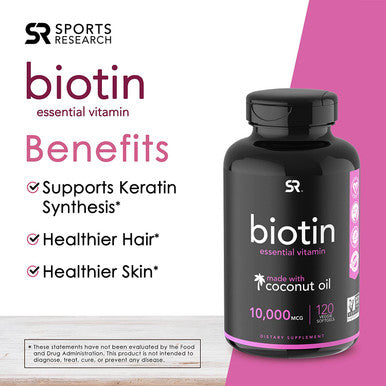 Sports Research Extra Strength Vegan Biotin Vitamin B Supplement with Organic Coconut Oil Supports Keratin for Healthier Hair Nails Great for Women Men 10000mcg 120 Veggie Softgel Capsules