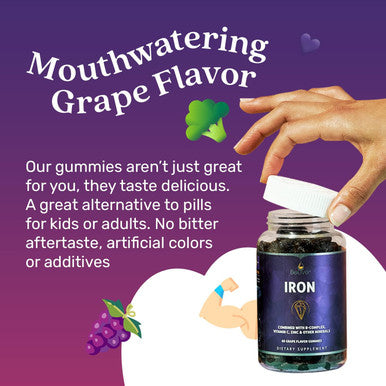 Belive Iron Gummies - Multivitamin With Iron, Vitamins & Zinc For Blood Oxygen - Grape Flavor, Vegan Supplement For Women, Men & Kids