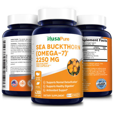Sea Buckthorn (Omega 7) 2250mg 200 Veggie Powder Caps - Extract 5:1, Non-GMO &