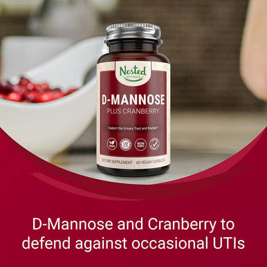 Nested Naturals D-Mannose 500 mg Supplement with Cranberry Extract | Natural Fast Treatment for UTI Bladder Infections | D Mannose Cranberry Pills | Urinary Tract & Bladder Health | 60 Vegan Capsules