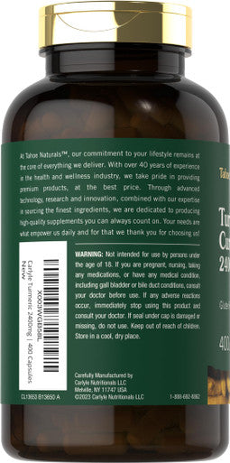 Carlyle Turmeric Curcumin Supplement 2400Mg | 400 Powder Capsules | Non-Gmo, Gluten Free Complex | Tahoe Naturals