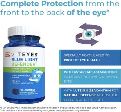 Viteyes Blue Light Defender Gummies with Astaxanthin Lutein Zeaxanthin Trusted Eye Care Brand Combat Eye Strain Tired Eyes Eye Health Supplement in Place of Blue Light Glasses 90 Ct Gummies