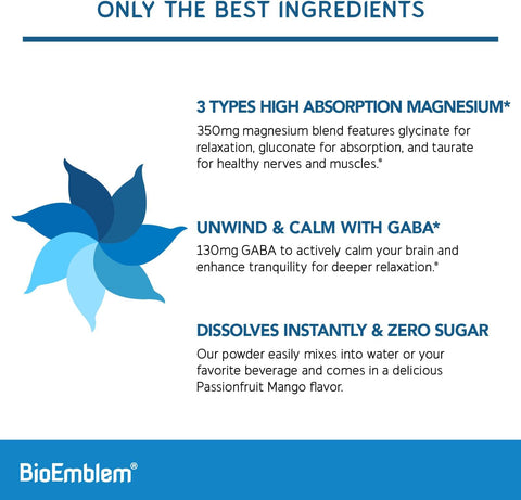 BioEmblem Triple Magnesium Powder Drink 350mg High Absorption Magnesium Glycinate Gluconate Taurate and GABA for Rest Sleep and Brain Health Passionfruit Mango Flavor Vegan