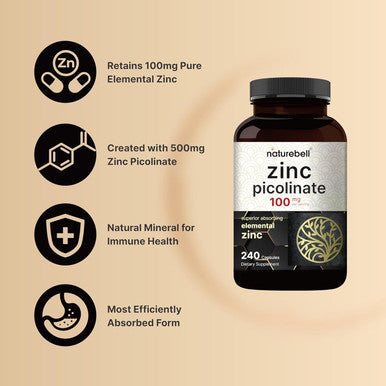 Naturebell High Potency Zinc Picolinate 100Mg - 240 Capsules, Bioavailable Form Of Zinc For Immune Support And Skin Health - Non-Gmo And Gluten- Zinc Supplements