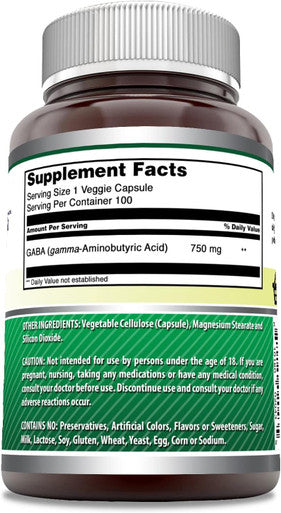 Amazing Nutrition Formulas GABA 750mg Per Serving 100 Veggie Capsules Supplement | Non-GMO | Gluten | Made in USA | Ideal for Vegetarians