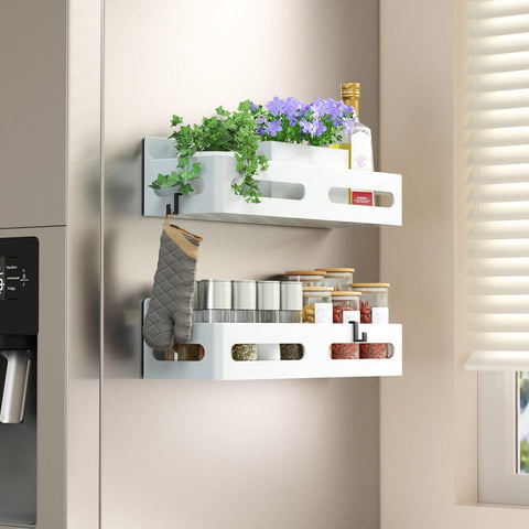 4-Pack Magnetic Spice Rack for Refrigerator with Hooks, Pink | Strong multipurpose magnetic shelf for kitchen & bathroom organization. Includes 4 removable hooks for hanging items.