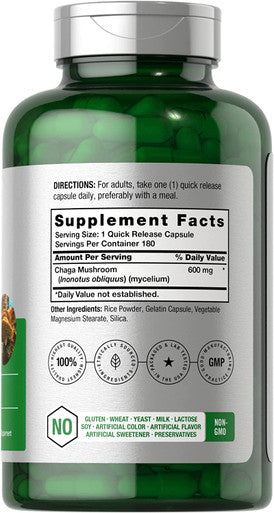 Chaga Mushroom Capsules | 180 Count | Non-GMO & Gluten Free Supplement | by Horbaach