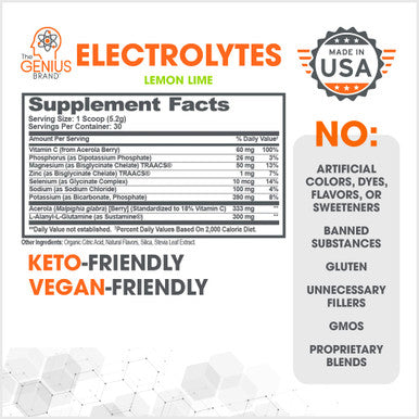 Genius Electrolytes Powder Drink Mix, Lemon Lime, 30 Servings - Hydration Booster & Endurance Supplement with Potassium, Magnesium & Zinc - Free & No Sweeteners or Dyes