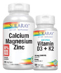 Solaray Calcium Magnesium Zinc 275ct and Vitamin D3 + K2 120ct | Bone, Heart & Immune Health Supplement Bundle