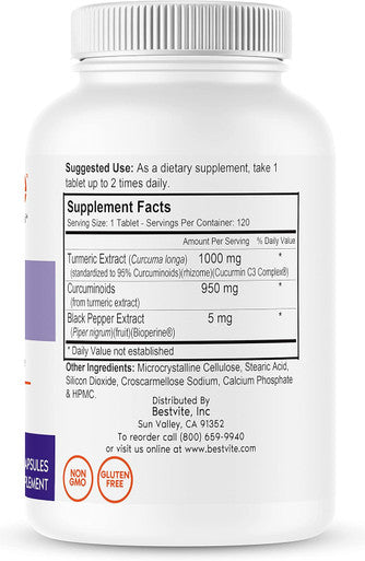 Bestvite Curcumin 1000mg (Turmeric)(120 Tablets) Made with Curcumin C3 Complex & Bioperine - Standardized to 95% Curcuminoids - Vegan