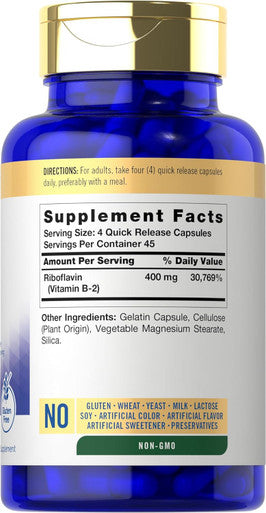 Carlyle Vitamin B-2 400mg | 180 Count | Non-GMO Gluten Supplement | Vitamin B2 Riboflavin