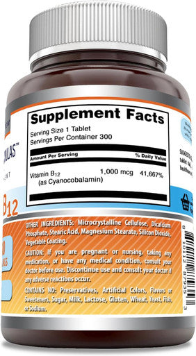 Amazing Nutrition Formulas Vitamin B12 | 1000 Mcg | Tablets Supplement | Non-GMO | Gluten- | Made in USA (1 Pack 300 Count)
