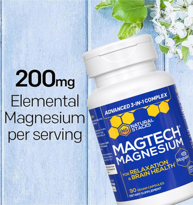 NATURAL STACKS MagTech Magnesium Complex for Women & Men - 3 Forms of Magnesium: Glycinate Magtein L-Threonate & Taurate - 200mg Chelated Complex - Support for Relaxation & Brain Health