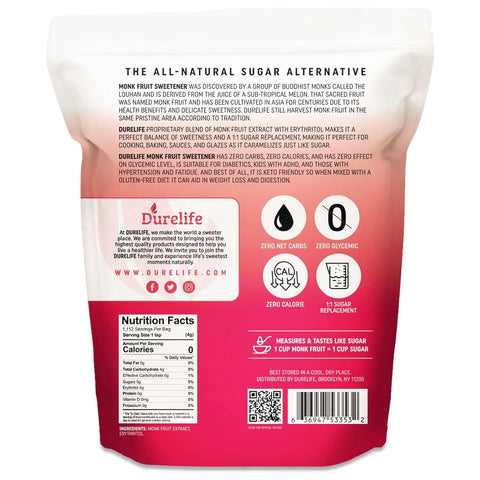 Durelife Golden Monk Fruit Sweetener, 1:1 Sugar Replacement, Keto Diet Friendly, Zero Calorie, Kosher Sugar Substitute, Golden - 10 lb Bulk Size
