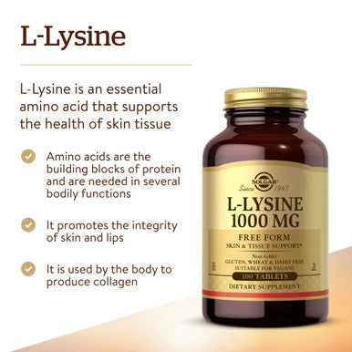 Solgar L-Lysine 1000 Mg 100 Tablets - Enhanced Absorption And Assimilation - Promotes Integrity Of Skin And Lips - Collagen Support - Amino Acids - Non Gmo Vegan Gluten Free - 100 Servings