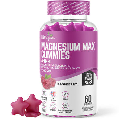 BeMorganic Magnesium Gummies - High Absorption 252.6mg Elemental - Vegan Raspberry Flavor - Gluten-Free - Relaxation Sleep & Muscle Support - 60 Chewable Gummies