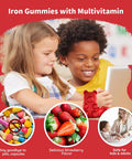 Iron Gummies For Kids, Women & Men, Iron Supplement With Multivitamin - Vitamin B Complex, C, B6, B12, Folate, Zinc For Anemia, Iron Deficiency, Blood Builder, Energy - Strawberry Flavor, Vegan 60Ct