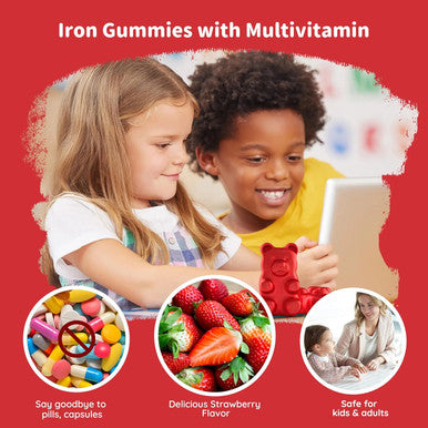 Iron Gummies For Kids, Women & Men, Iron Supplement With Multivitamin - Vitamin B Complex, C, B6, B12, Folate, Zinc For Anemia, Iron Deficiency, Blood Builder, Energy - Strawberry Flavor, Vegan 60Ct