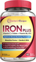 Doctor'S Recipes Iron Supplement, Iron Bisglycinate With Vitamin C, B6, Folate & B12, Non-Constipating, Stomach Friendly, Gentle Iron Pills For Iron Deficiency, Blood & Energy Support, 60 Vegan Caps