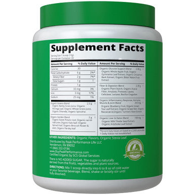 Peak Performance Organic Greens Superfood Powder. Best Tasting Super Greens Powder With 25+ Organic Ingredients For Max Energy