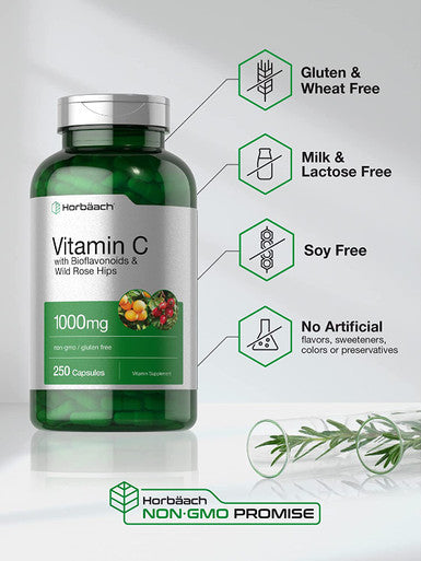 Vitamin C 1000mg | 250 Capsules | with Bioflavonoids and Rose Hips | Non-GMO, Gluten Free Supplement | High Strength Formula | by Horbaach