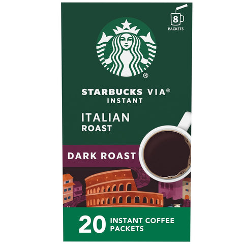Starbucks VIA Instant Coffee, Dark Roast Coffee, Italian Roast, 100% Arabica, Single-Serve, 1 Box (50 Packets) | 100% Arabica instant coffee packets; Italian Roast dark roast; 1 box, 50 packets