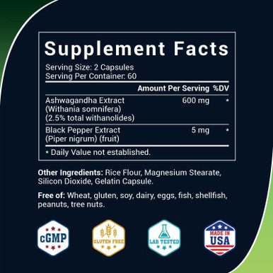 Luckycare Ashwagandha Capsules 600mg Extra Strength Root Extract with Black Pepper Vegan Non GMO Supplement Made in USA 120 Capsules
