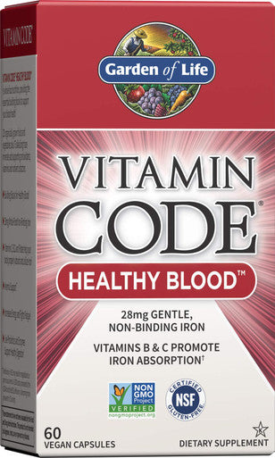 Garden of Life Vitamin Code Iron Supplement, Healthy Blood - 60 Vegan Capsules, 28g Iron, Vitamins B, C, Trace Minerals, Fruit Veggies & Probiotics, Iron Supplements for Women Energy & Anemia Support