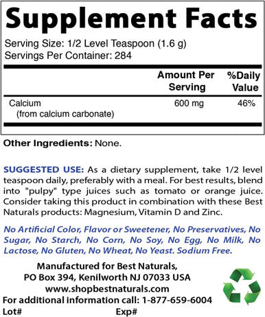 Best Naturals Calcium Carbonate Powder 1 Pound - Food Grade (16 OZ (Pack of 3))