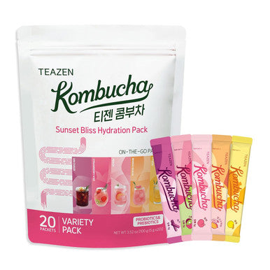 Teazen Kombucha Tea Sunset Bliss Hydration Variety Pack - 20 Sticks 5 Flavors (Peach Mango-Guava Strawberry-Kiwi Citron Mulled Wine)