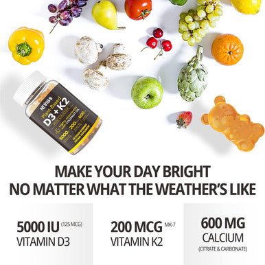 Vitamin D3 5000Iu & K2( As Mk7 ) 200Mcg Gummies + 600Mg Calcium, With Coconut Oil For High Absorption, Maximum Strength Vitamin D3 K2 Supplement - Support For Bones Muscle Teeth Immune, Vegan 2Packs