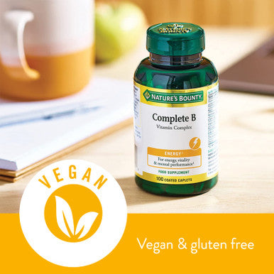 Nature's Bounty Complete B Vitamin Complex Caplets - Pack Of 100 Coated Capsules Two-A-Day - Vitamin B5 B6 And B12 - Supports Energy Levels Mental Focus And Stamina - Vegan