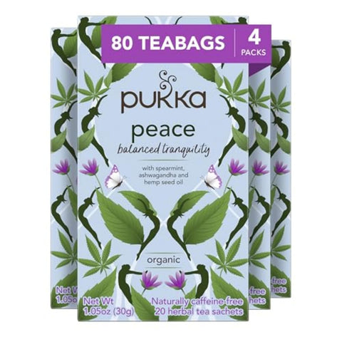 Pukka Organic Peace Herbal Tea with Spearmint, Ashwagandha, and Hemp Seed Oil, Caffeine Free, 20 Total Tea Bags