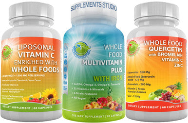 Total Immunity Boosting Vegan Supplements Pack Vegan Whole Food Multivitamin with Iron Liposomal Vitamin C 1500mg and Quercetin 500mg with Bromelain