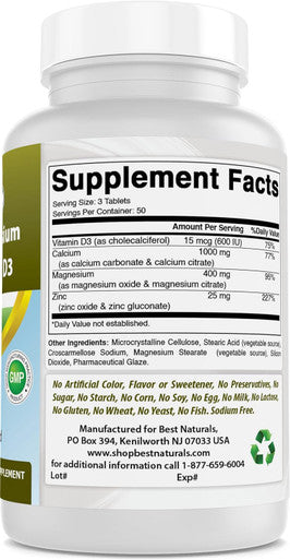 Best Naturals Calcium Magnesium Zinc with Vitamin D3 150 Tablets - Calcium 1000 mg Magnesium 400 mg Zinc 25 mg & D3 600 IU per Serving (3 Tablets)