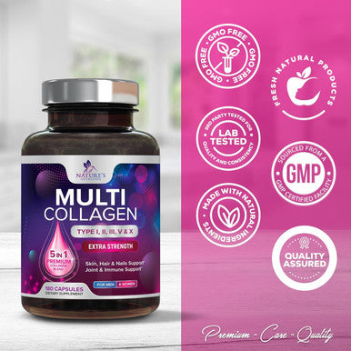 Nature'S Nutrition Collagen Peptides for Women & Men Type I II III V X Hydrolyzed Collagen Pills Grass Fed Non-GMO Multi Collagen Peptides Supplements Hair Skin Nail Bones Joint Health Support - 180 Capsules