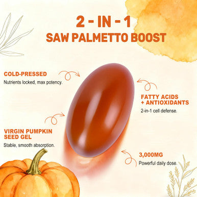 BEWORD Pumpkin Seed Oil with Saw Palmetto Capsules, 3000mg/serving, 300/600 Softgels | Cold Pressed, Pure Virgin Oil, Essential Fatty Acids & Phytosterols | Supports Hair, Urinary, Bladder & Prostate Health