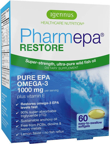 Igennus Healthcare Nutrition Pharmepa Restore, 1000mg Pure EPA Fish Oil, High Absorption rTG Omega-3, Triple Strength, High-Barrier Blister Packaging, Lemon Flavor, 1-Month Supply, 60 softgels